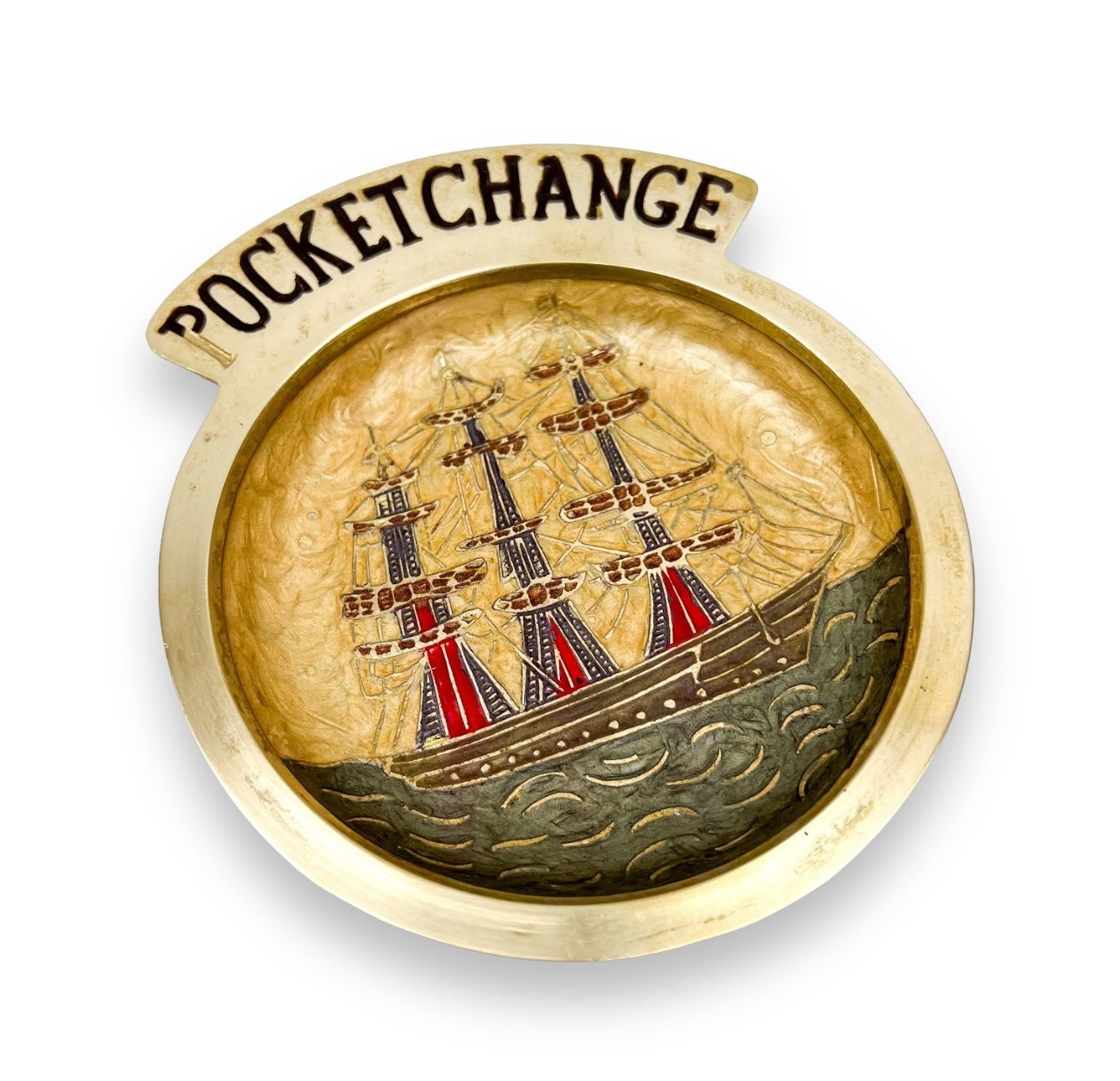 Pocket Change Brass Plate with Ship 15.5cm tall x 13cm wide