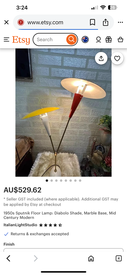 Red & White Mid Century Lamp — Brass & Marble Base, Red and White Shades (Missing Outer Reflector Shade)
