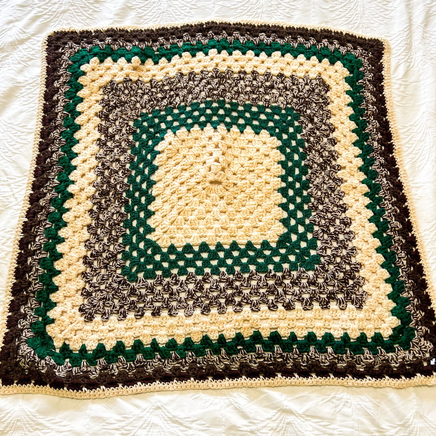 Brown & Green Crochet Knit Baby Blanket 85cm x 85cm