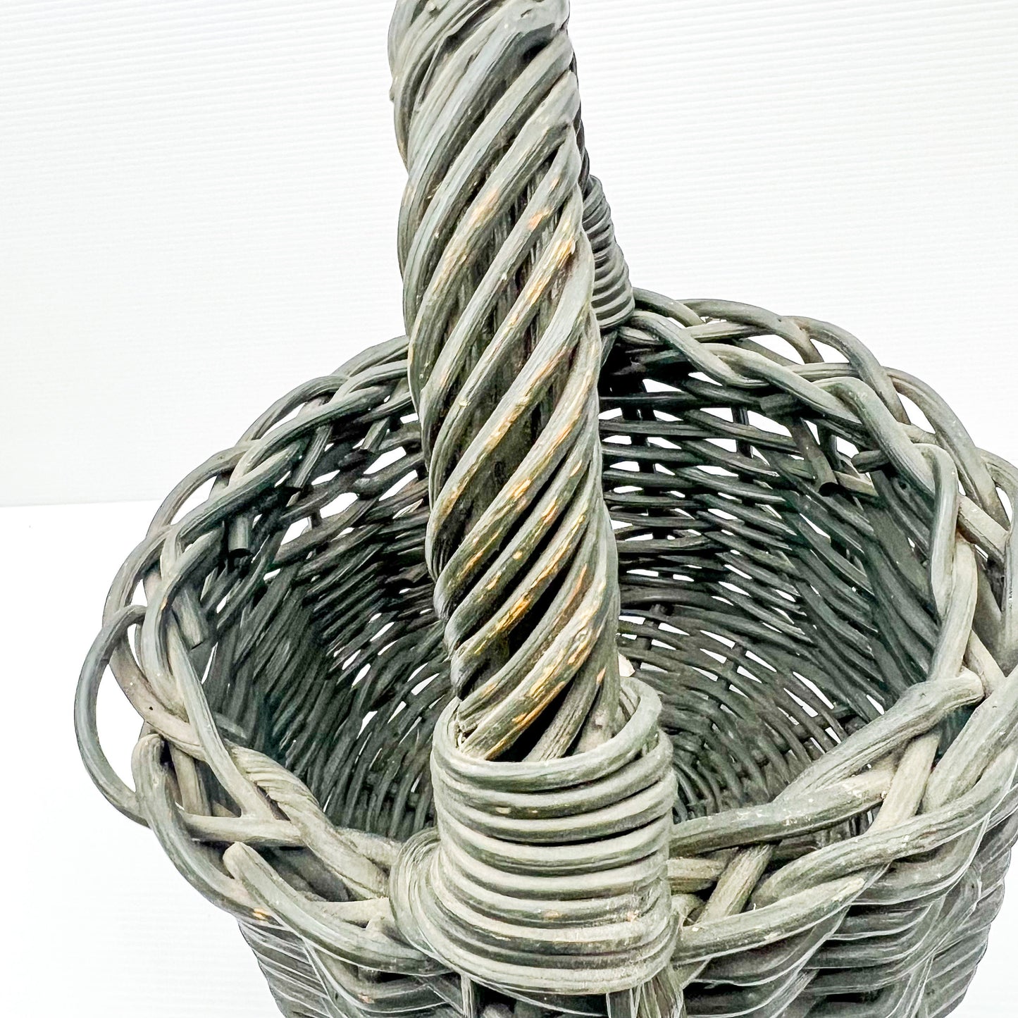 Small Green painted cane basket with handle. Rustic Elegant Decor.