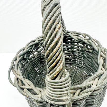 Small Green painted cane basket with handle. Rustic Elegant Decor.