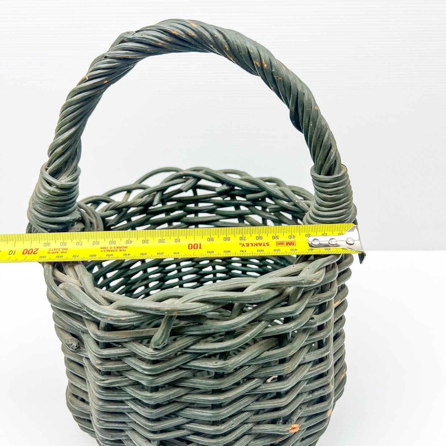 Small Green painted cane basket with handle. Rustic Elegant Decor.
