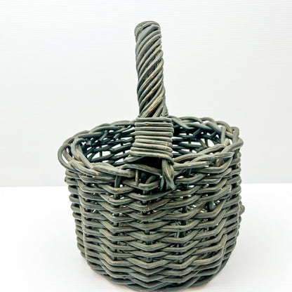 Small Green painted cane basket with handle. Rustic Elegant Decor.