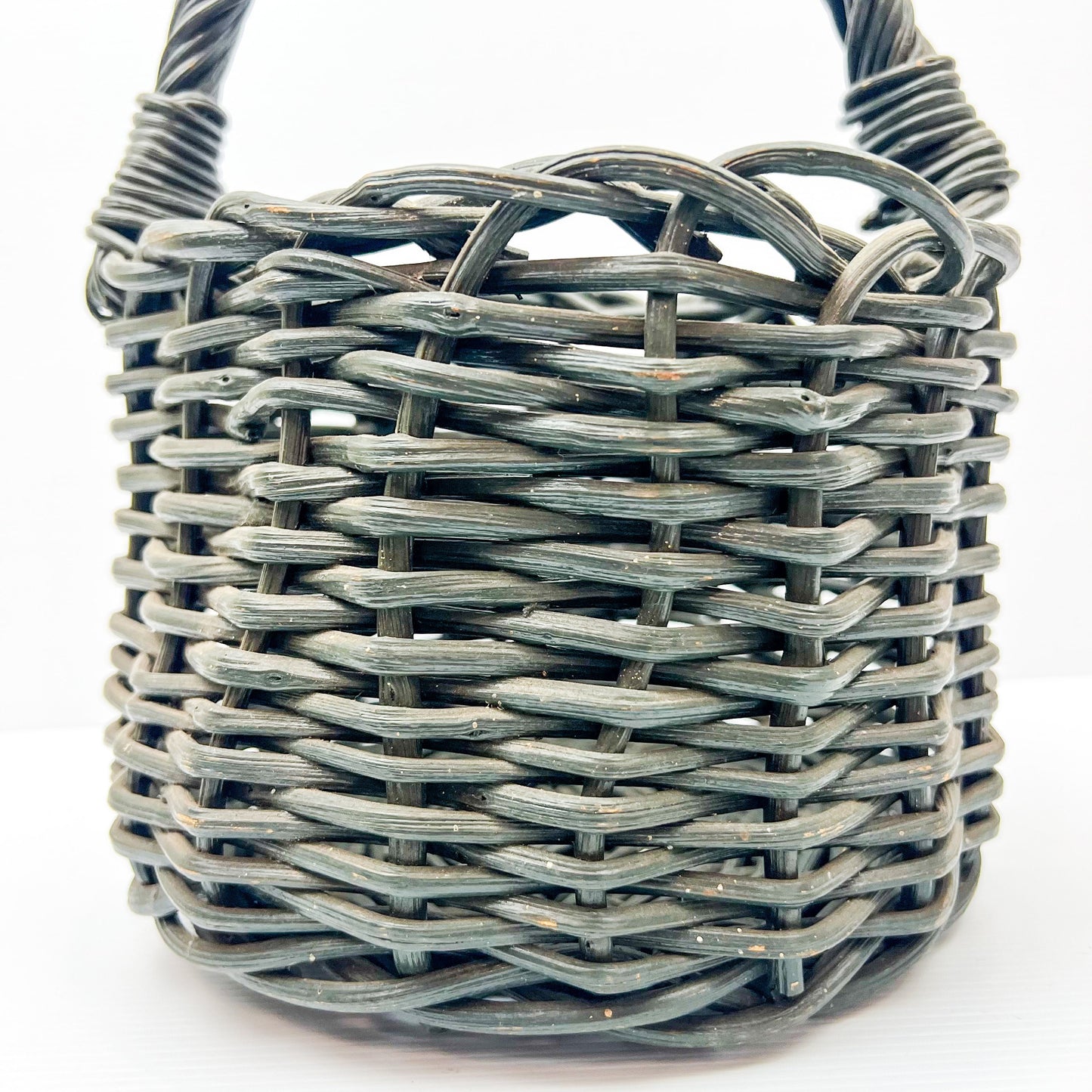 Small Green painted cane basket with handle. Rustic Elegant Decor.
