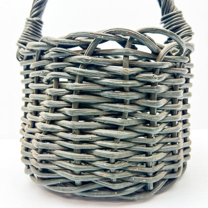 Small Green painted cane basket with handle. Rustic Elegant Decor.