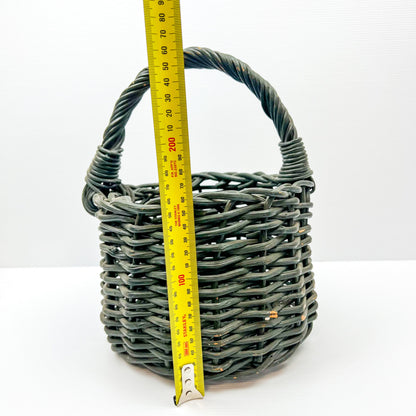 Small Green painted cane basket with handle. Rustic Elegant Decor.