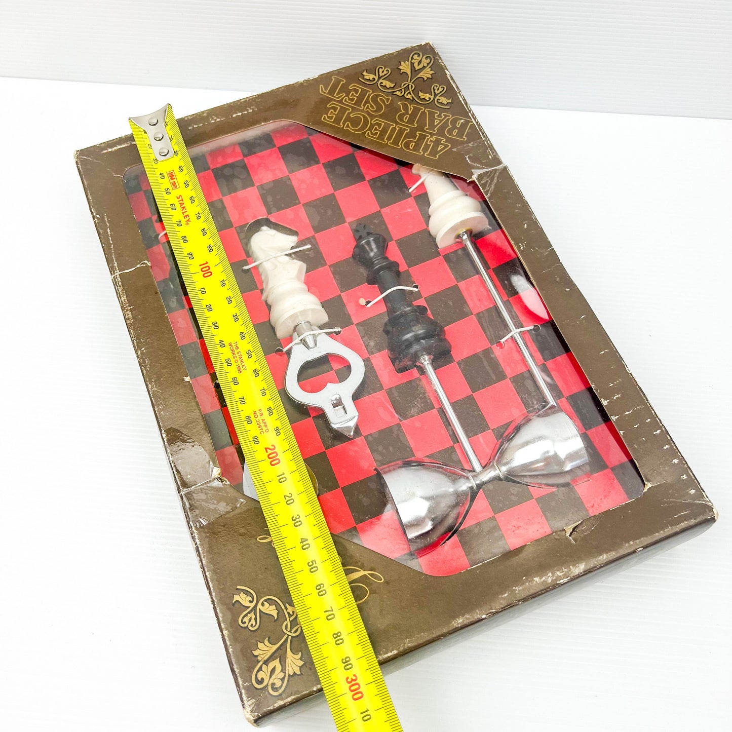 Vintage triple plated chrome 4 Piece Chess Theme Bar Utensil Box Set