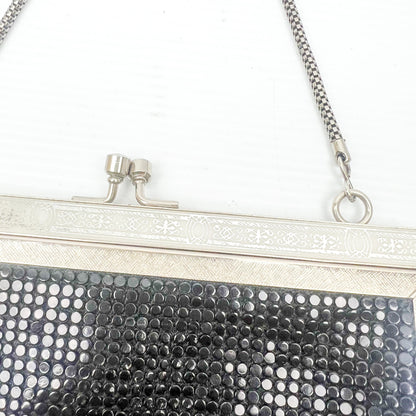 Vintage black mesh purse with chrome silver metal clasp and strap