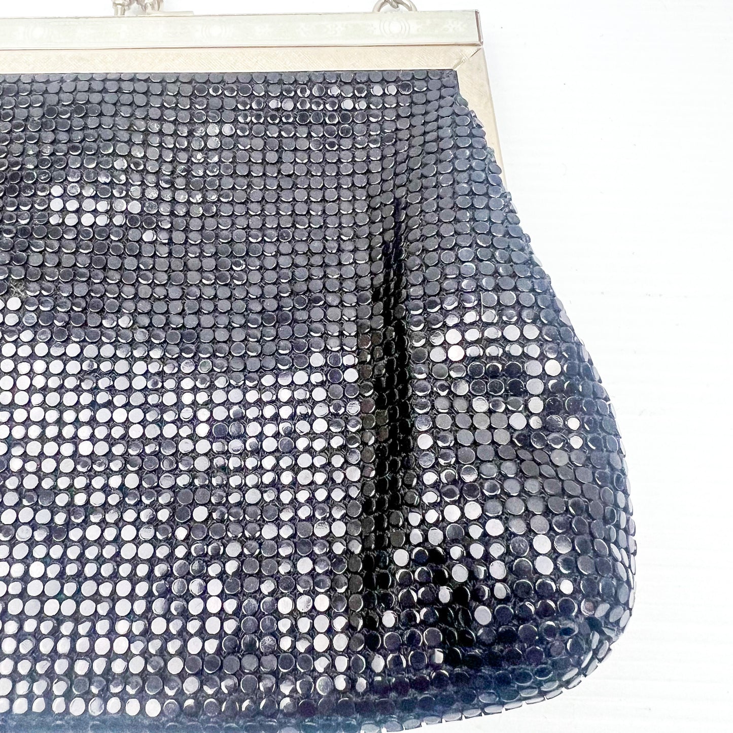 Vintage black mesh purse with chrome silver metal clasp and strap