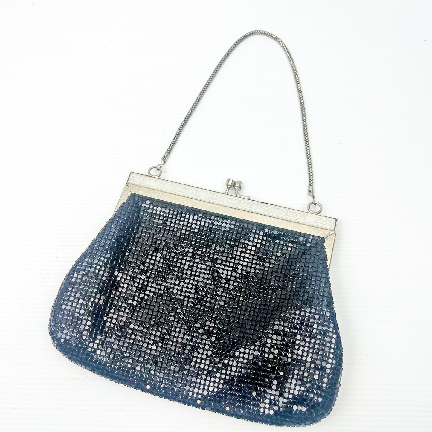 Vintage black mesh purse with chrome silver metal clasp and strap