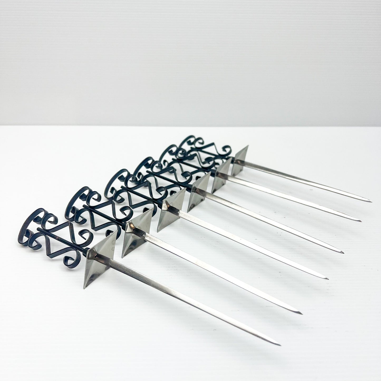 Black ornate handle retro fondue fork spikes set of 6 - made in Japan