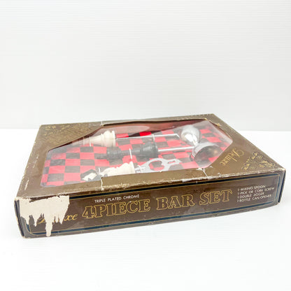 Vintage triple plated chrome 4 Piece Chess Theme Bar Utensil Box Set