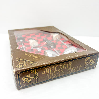 Vintage triple plated chrome 4 Piece Chess Theme Bar Utensil Box Set