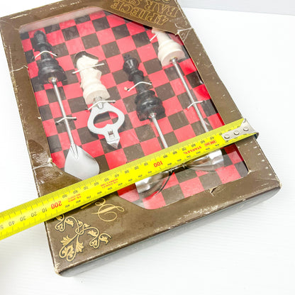 Vintage triple plated chrome 4 Piece Chess Theme Bar Utensil Box Set