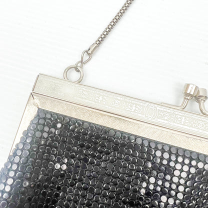 Vintage black mesh purse with chrome silver metal clasp and strap