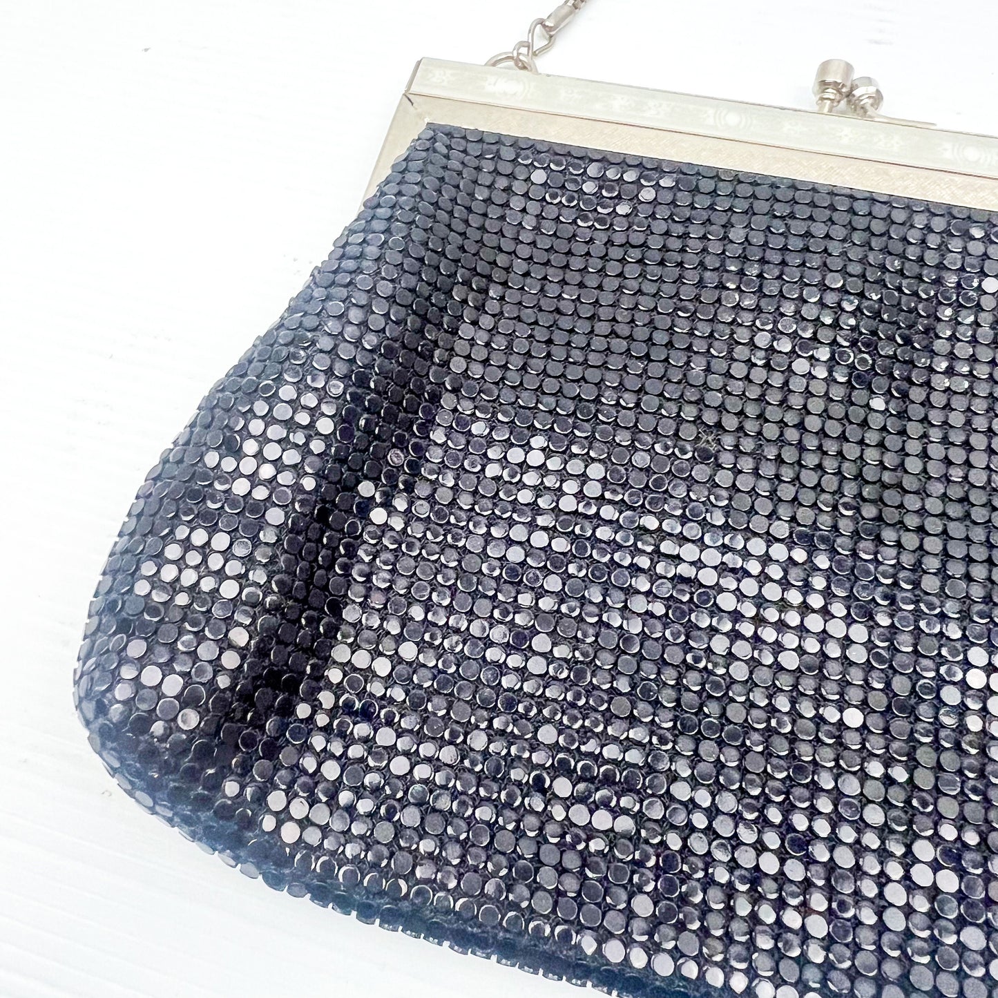Vintage black mesh purse with chrome silver metal clasp and strap