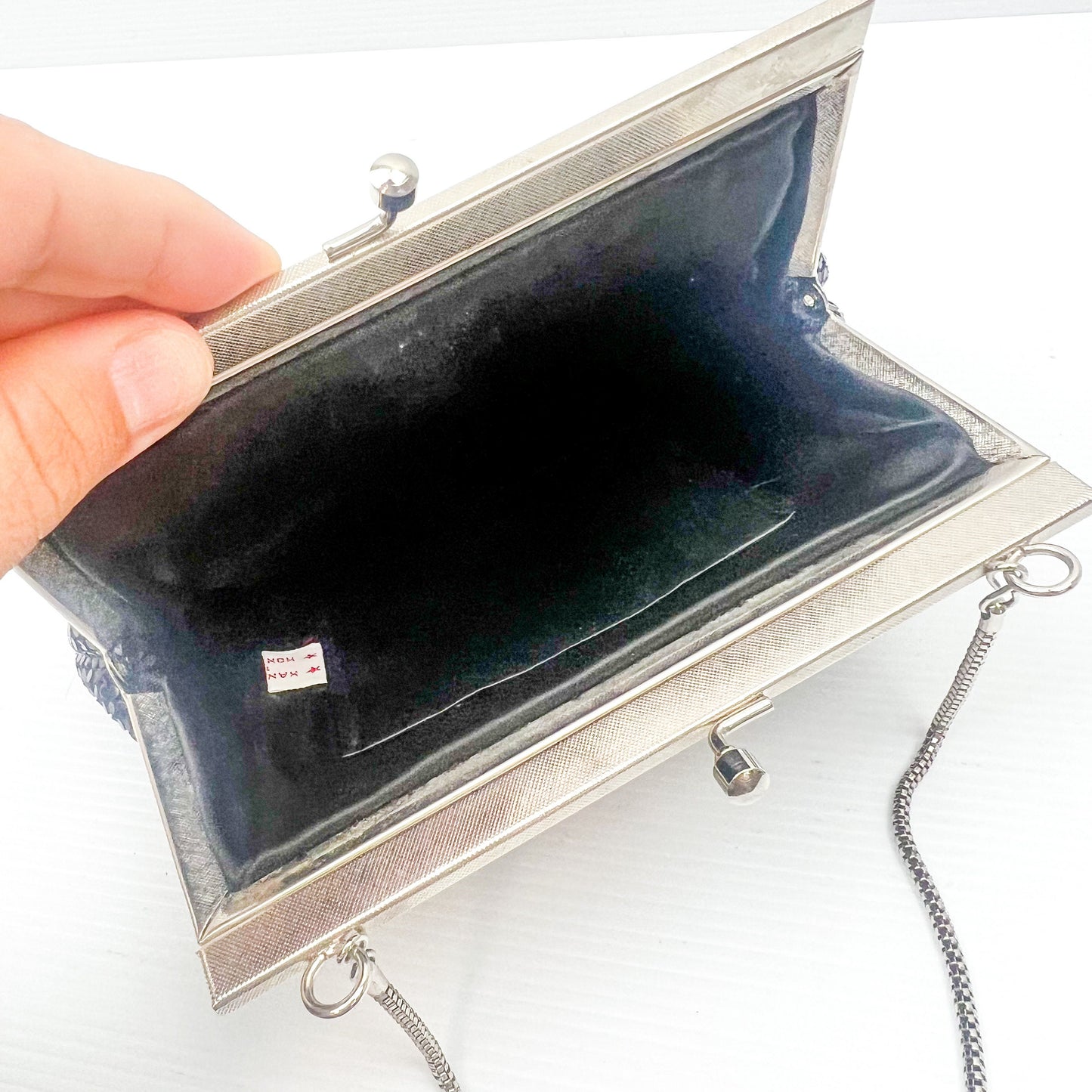 Vintage black mesh purse with chrome silver metal clasp and strap