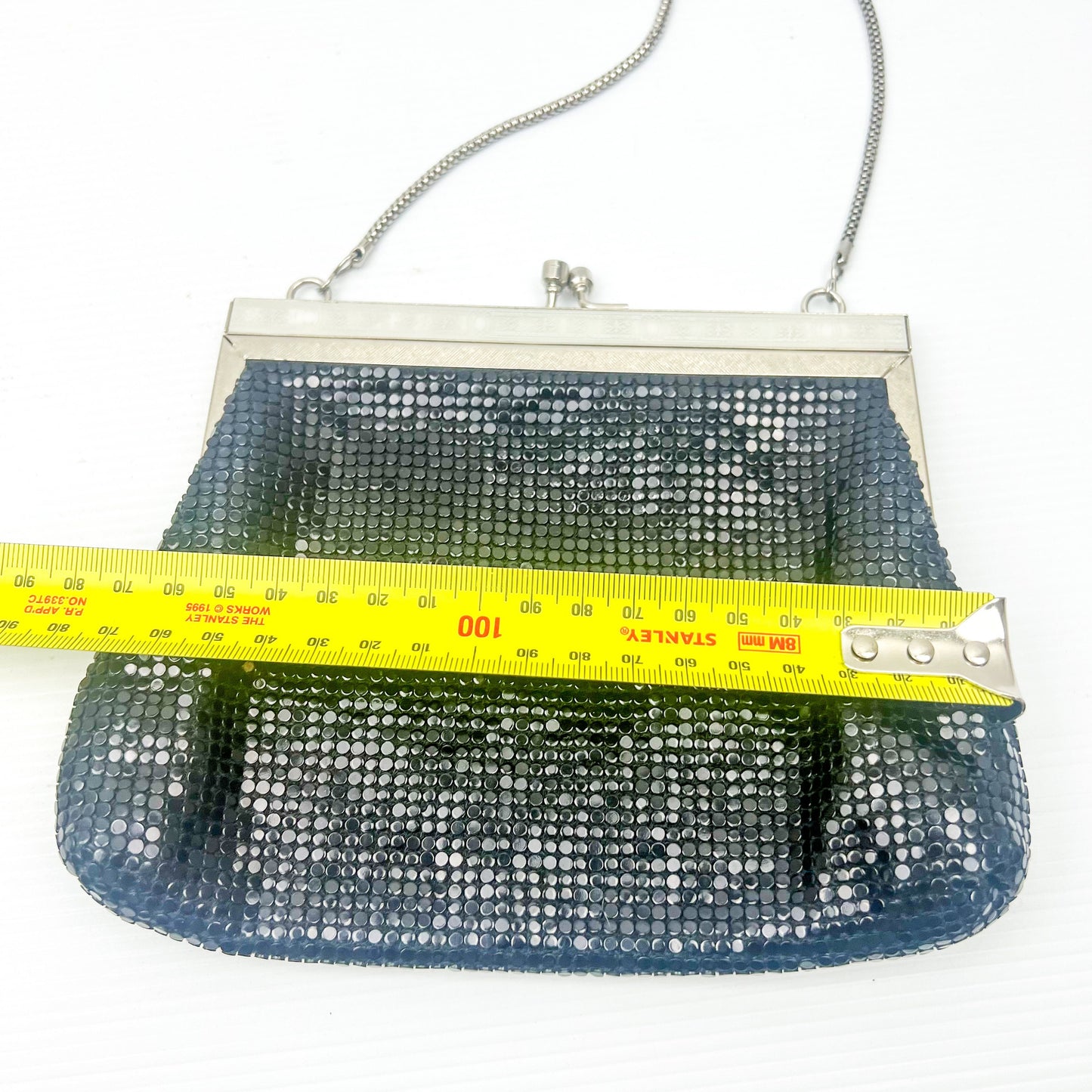 Vintage black mesh purse with chrome silver metal clasp and strap