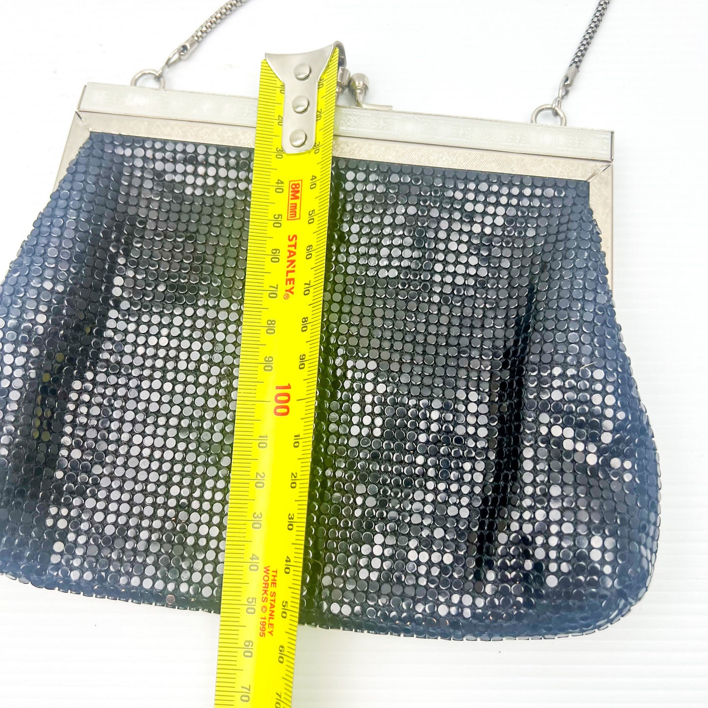 Vintage black mesh purse with chrome silver metal clasp and strap