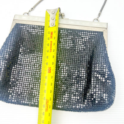 Vintage black mesh purse with chrome silver metal clasp and strap