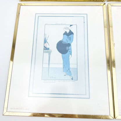 Vintage prints of ladies in elegant clothing brass frames set of 4