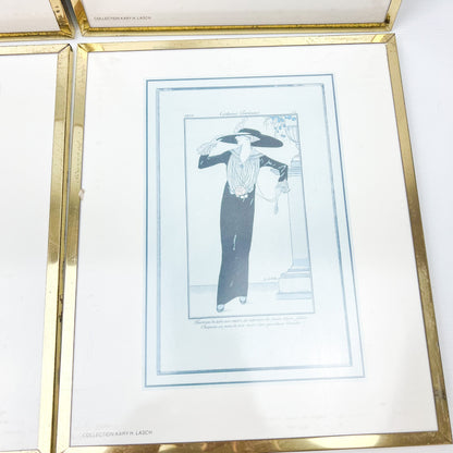 Vintage prints of ladies in elegant clothing brass frames set of 4