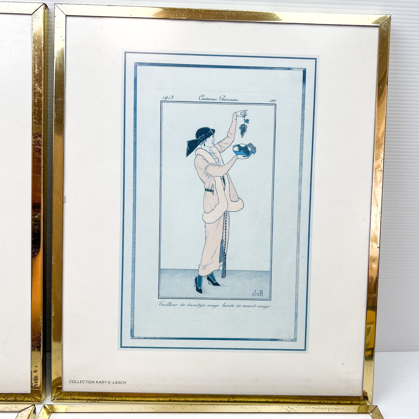 Vintage prints of ladies in elegant clothing brass frames set of 4