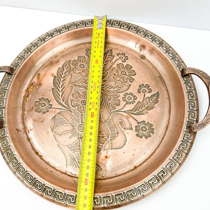 Copper colour metal round drink serving tray with flower artwork design