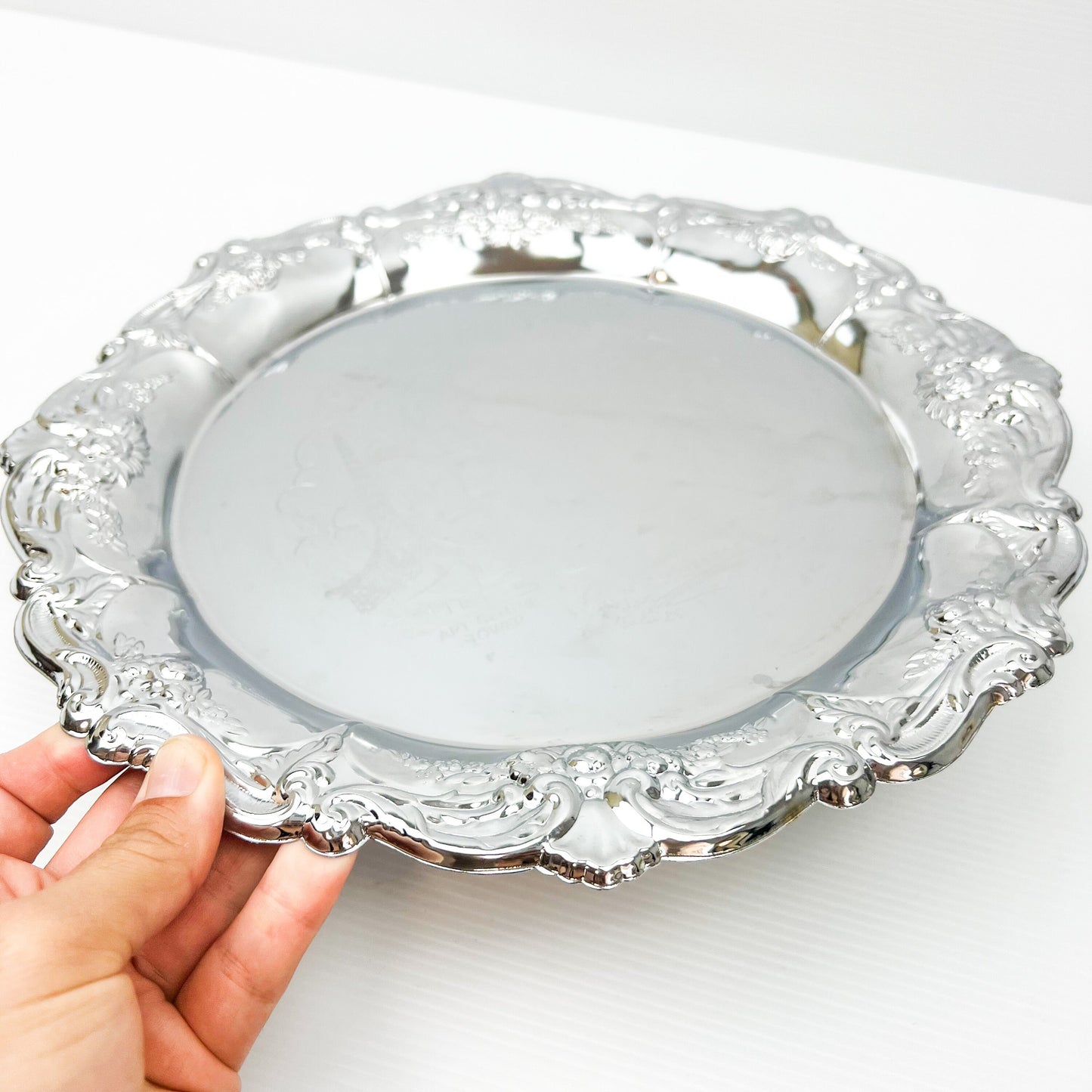 Chrome silver metal Melbourne novelty drink tray with ornate border - Made in Hong Kong