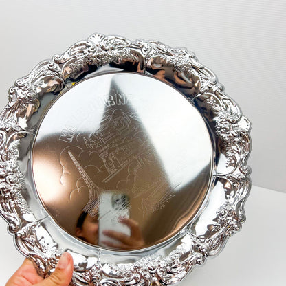 Chrome silver metal Melbourne novelty drink tray with ornate border - Made in Hong Kong