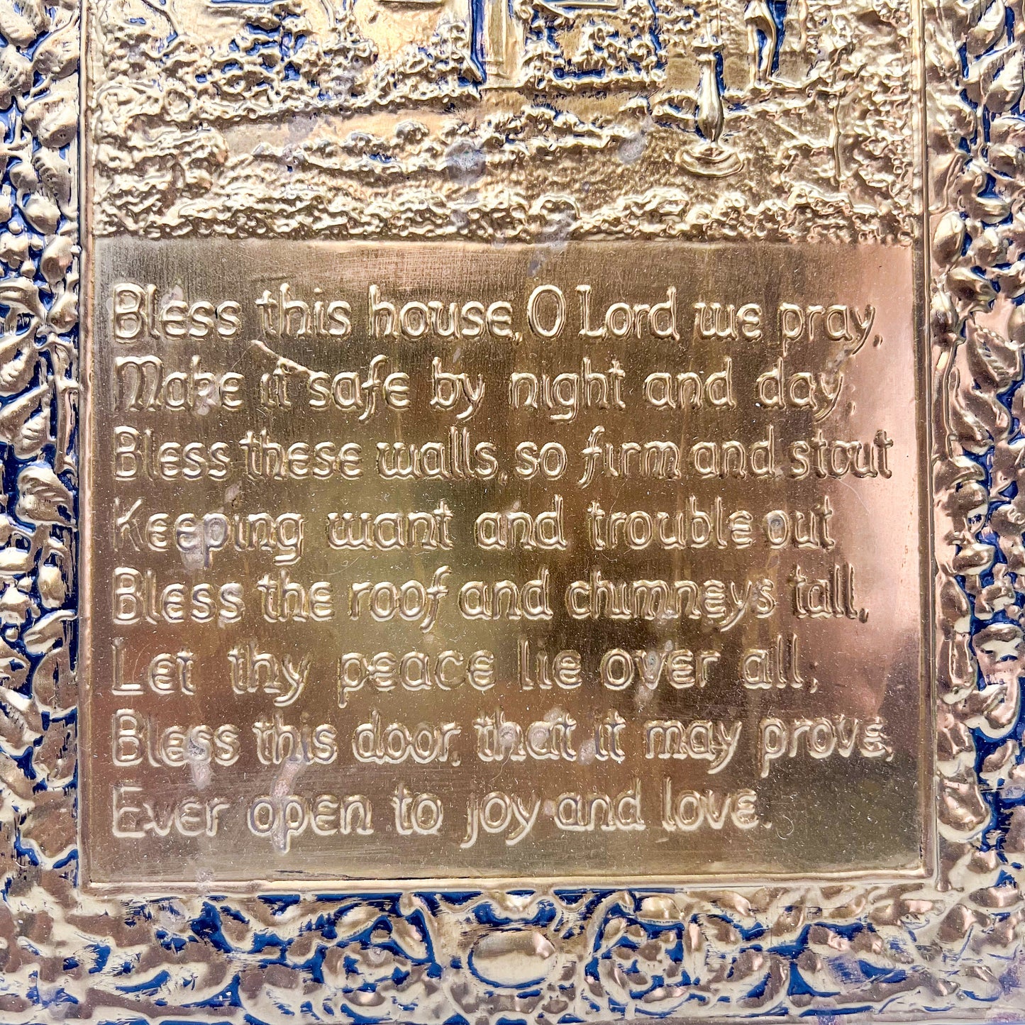 Pressed brass metal “Bless this House” hanging sign