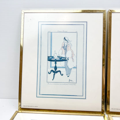 Vintage prints of ladies in elegant clothing brass frames set of 4