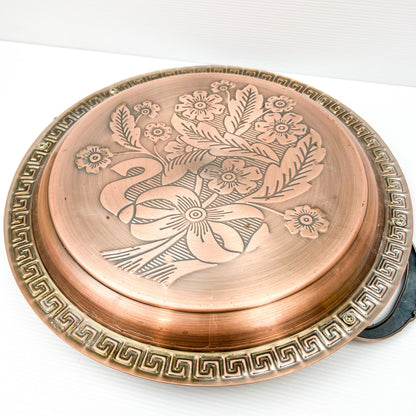 Copper colour metal round drink serving tray with flower artwork design