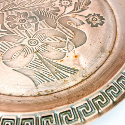 Copper colour metal round drink serving tray with flower artwork design