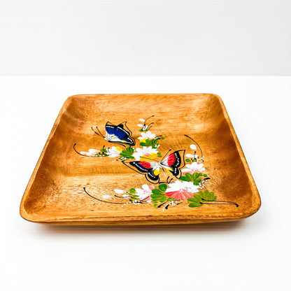 Wooden square plate with painted butterfly artwork