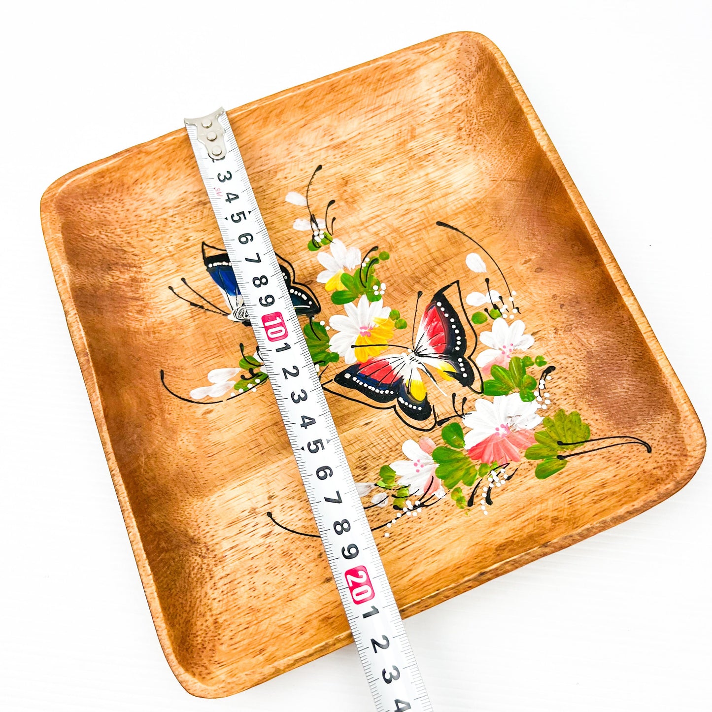 Wooden square plate with painted butterfly artwork