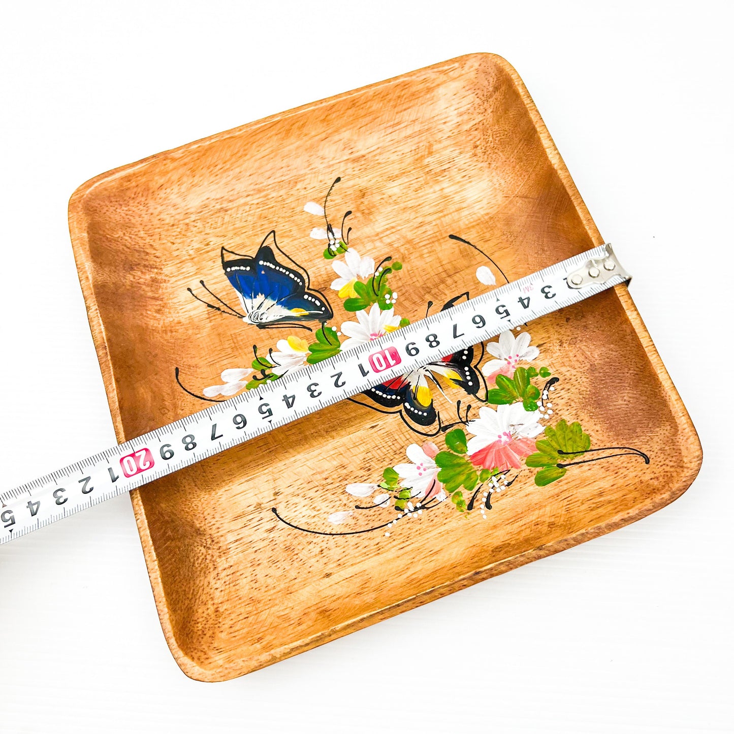 Wooden square plate with painted butterfly artwork