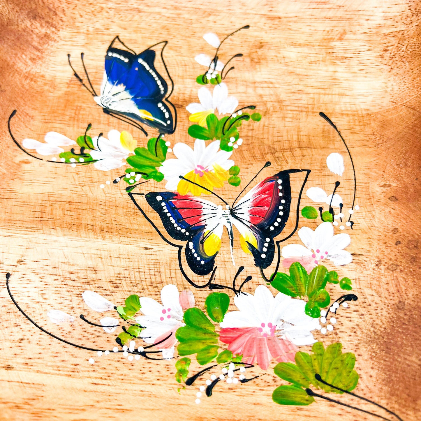 Wooden square plate with painted butterfly artwork