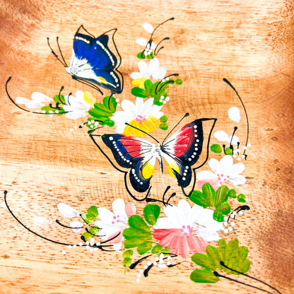 Wooden square plate with painted butterfly artwork