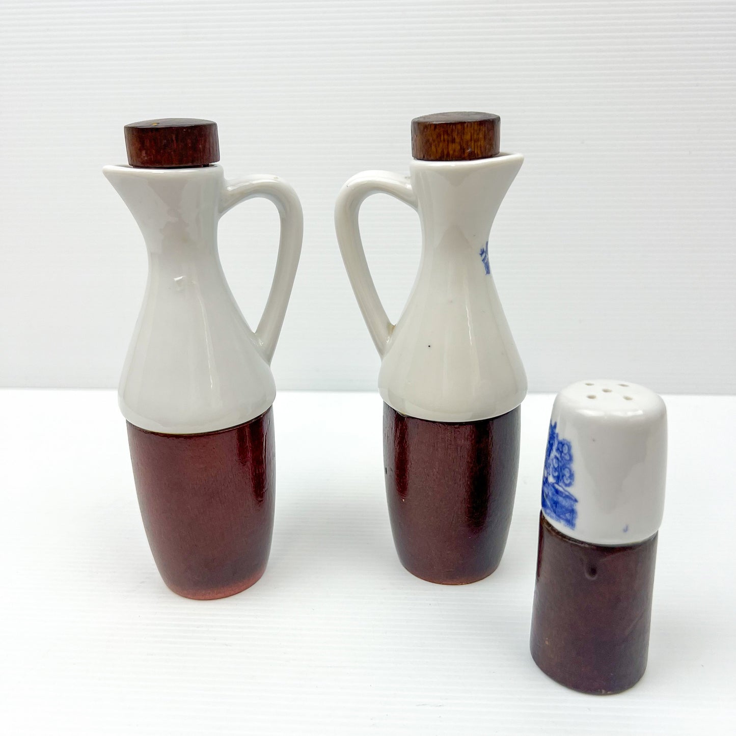Wood and ceramic vinegar, oil and pepper shaker set