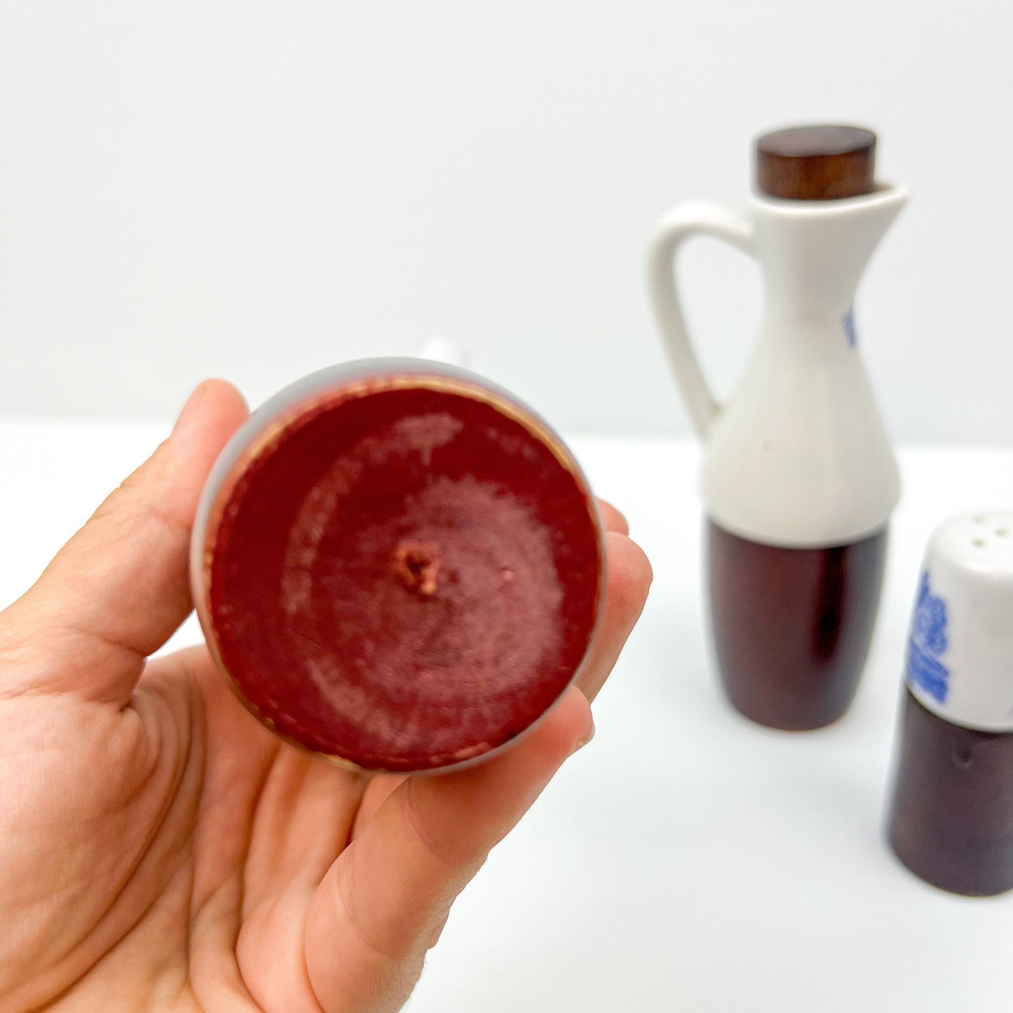 Wood and ceramic vinegar, oil and pepper shaker set