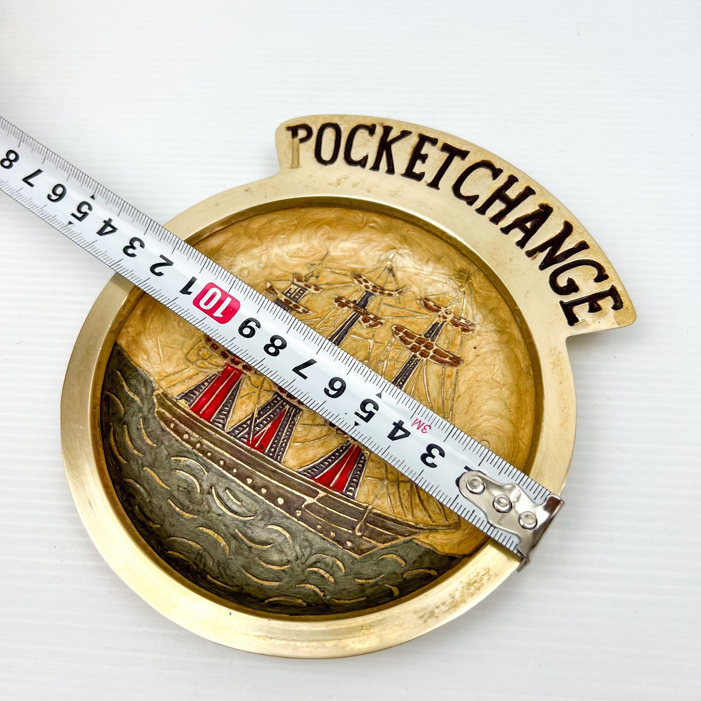 Pocket Change Brass Plate with Ship 15.5cm tall x 13cm wide