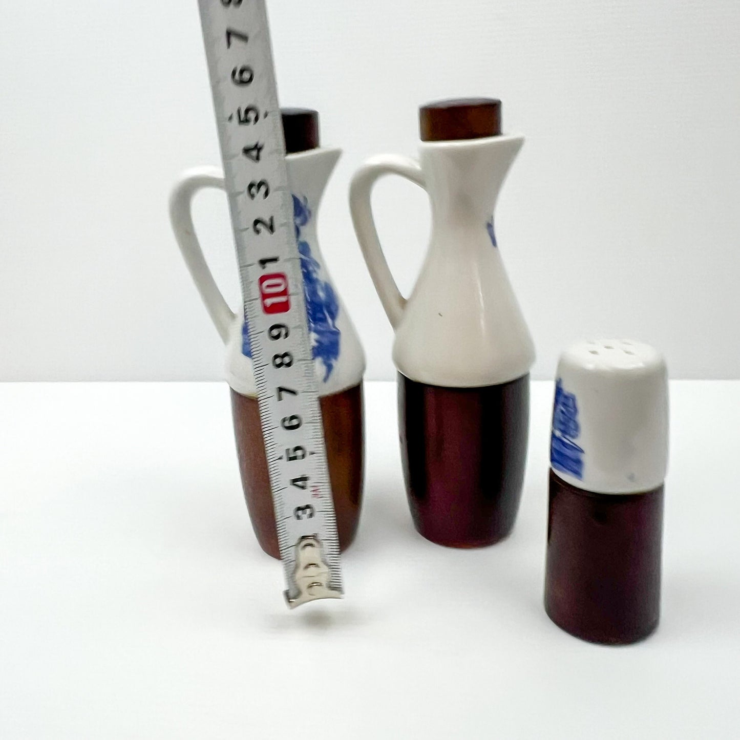 Wood and ceramic vinegar, oil and pepper shaker set