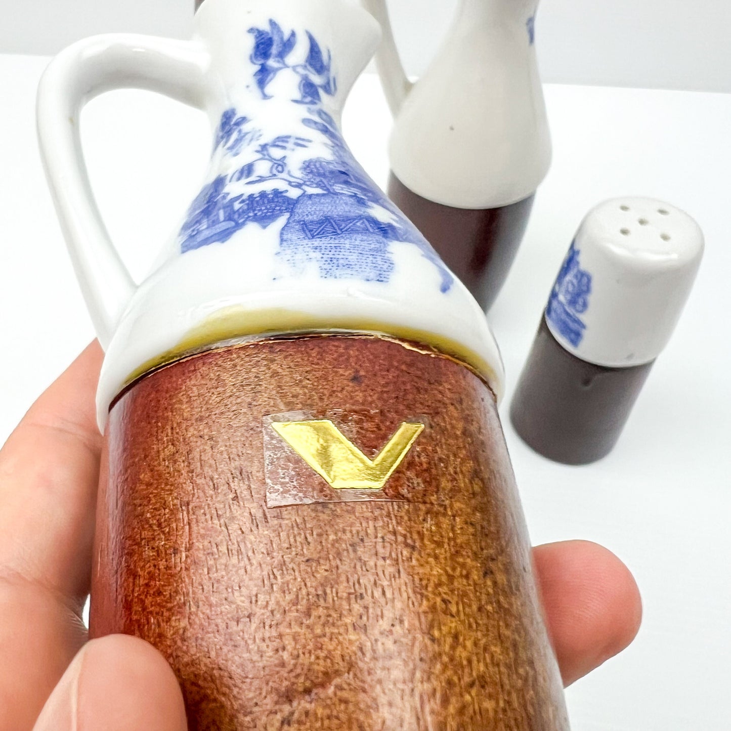 Wood and ceramic vinegar, oil and pepper shaker set