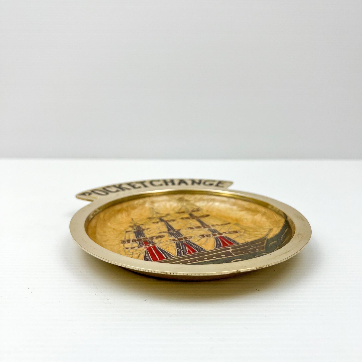Pocket Change Brass Plate with Ship 15.5cm tall x 13cm wide