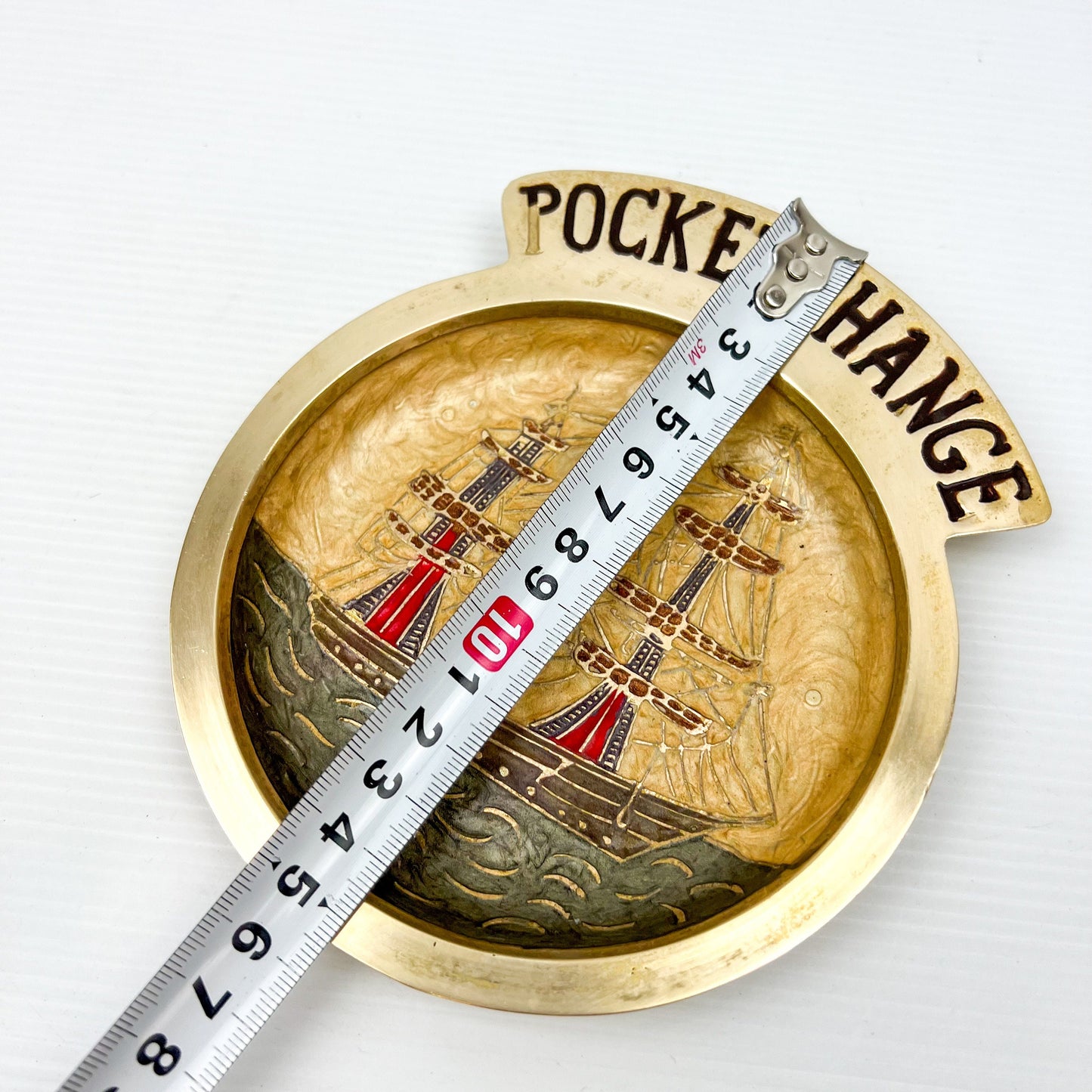 Pocket Change Brass Plate with Ship 15.5cm tall x 13cm wide