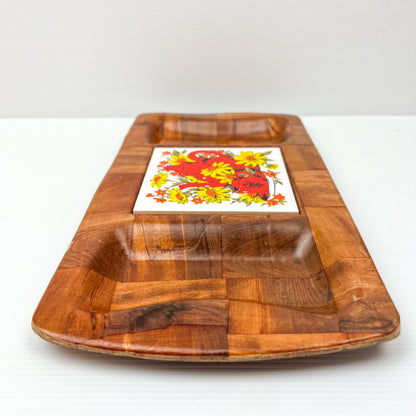 Mid Century Snack Tray, Woven Wood Tray, 1970s Nibble Tray with Ceramic Tile, Made in Taiwan, Vintage Cheese Board