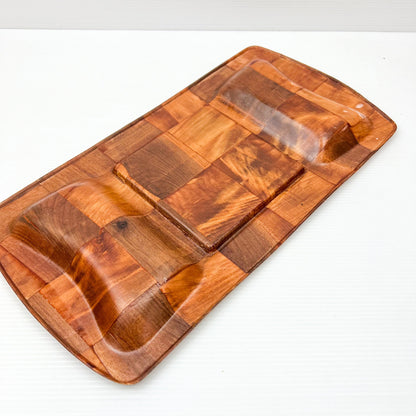 Mid Century Snack Tray, Woven Wood Tray, 1970s Nibble Tray with Ceramic Tile, Made in Taiwan, Vintage Cheese Board