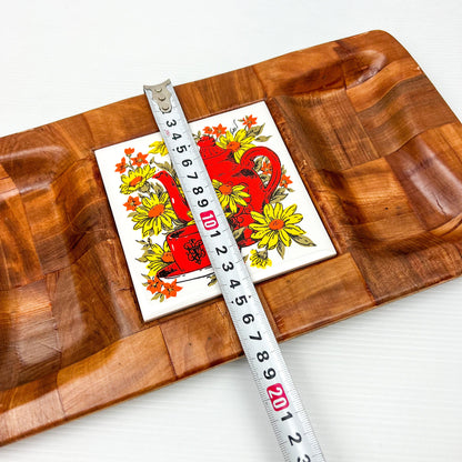 Mid Century Snack Tray, Woven Wood Tray, 1970s Nibble Tray with Ceramic Tile, Made in Taiwan, Vintage Cheese Board
