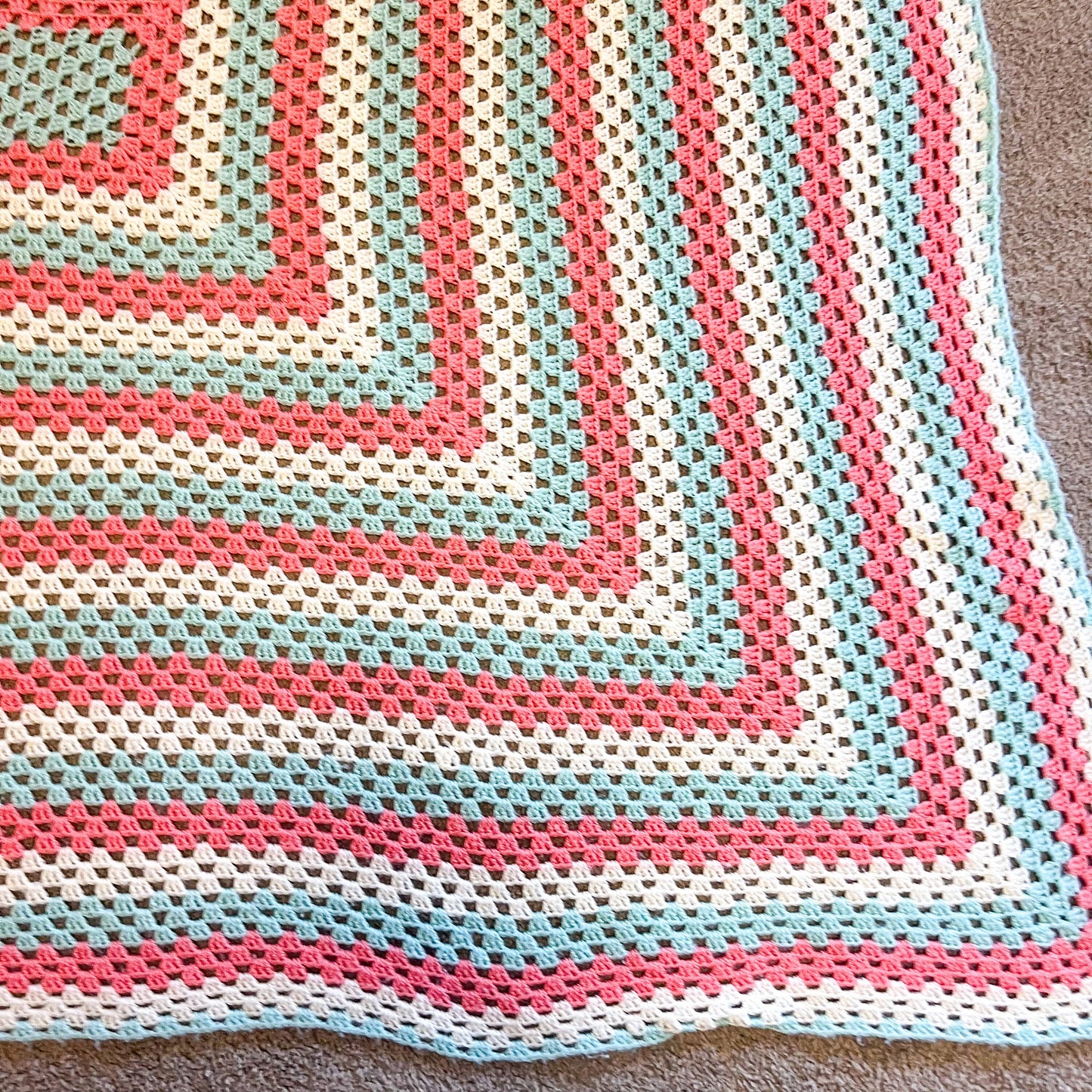 Crochet Blanket - Cream, Coral Pink & Aqua Crochet Knit Blanket